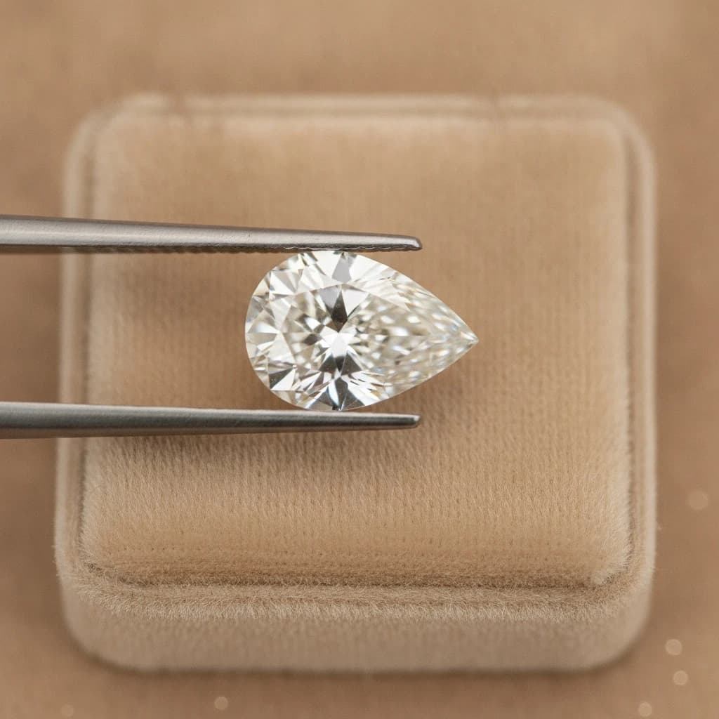 Loose pear cut diamond held with tweezers over a soft beige surface