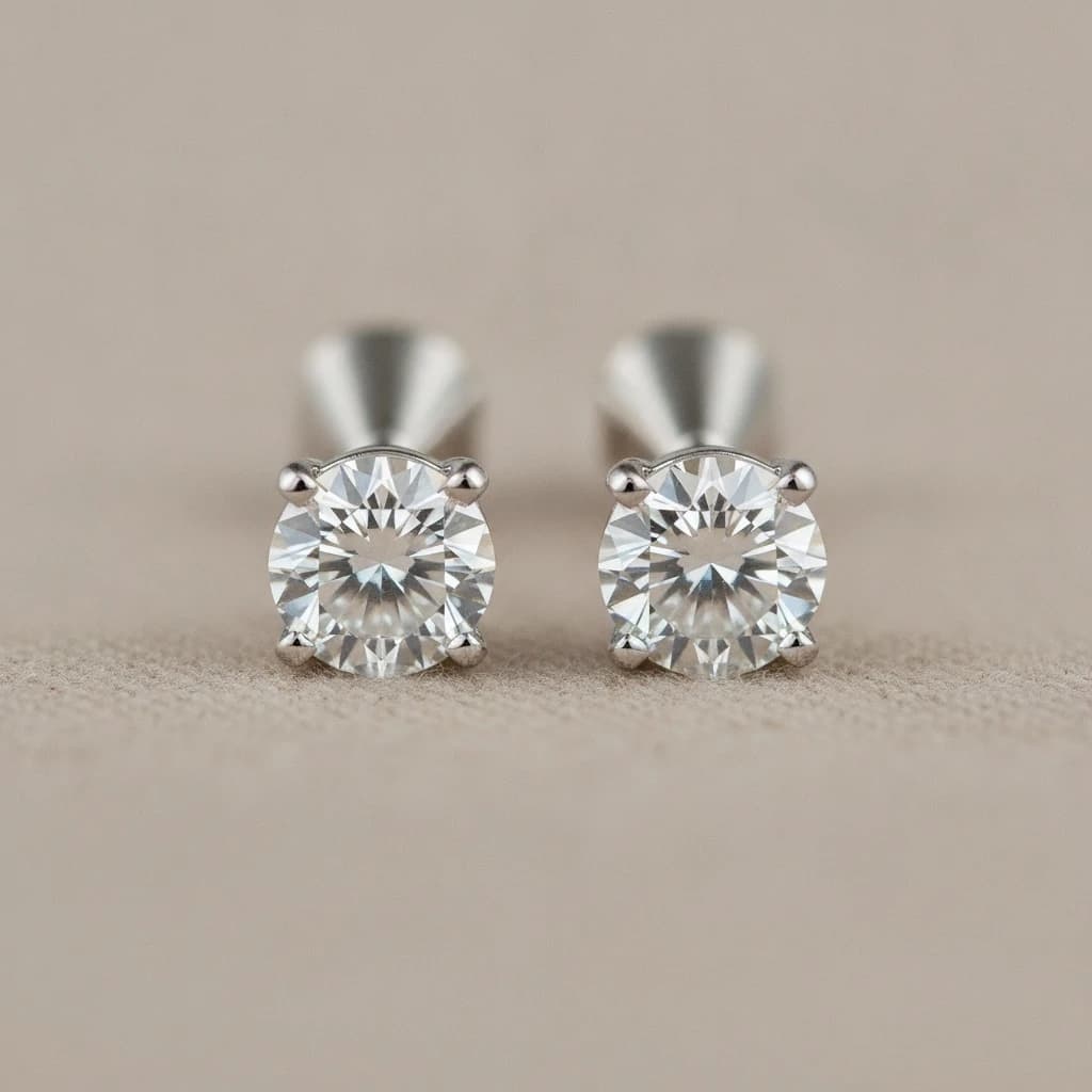 Pair of round brilliant diamond stud earrings in 14k white gold martini setting